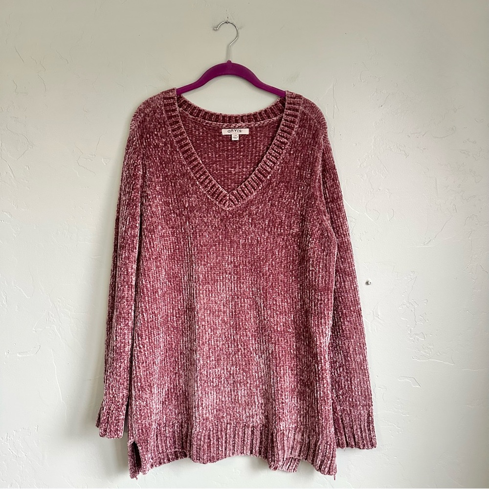 Orvis Women V-Neck Chenille Tunic Sweater Mauve Dusty Rose Soft Cozy Large EUC